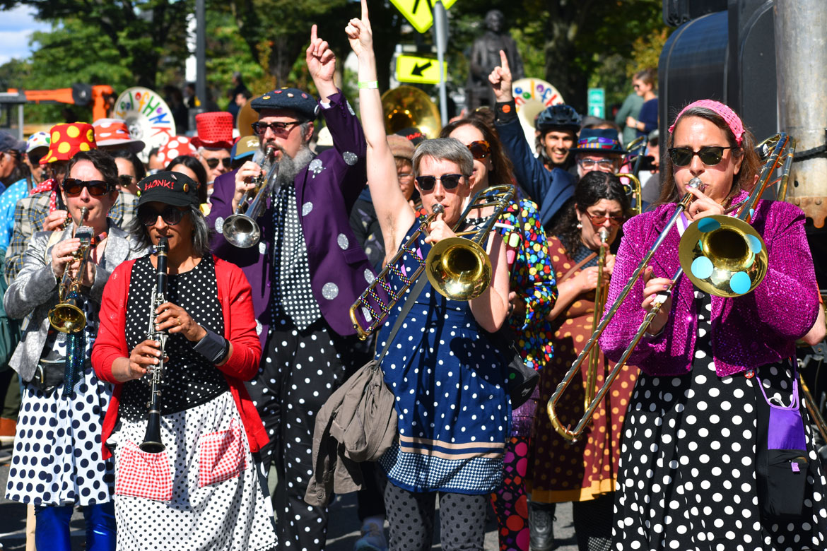 School of Honk from Somerville performs in the Honk Parade, Oct. 8, 2023. (©Greg Cook photo)