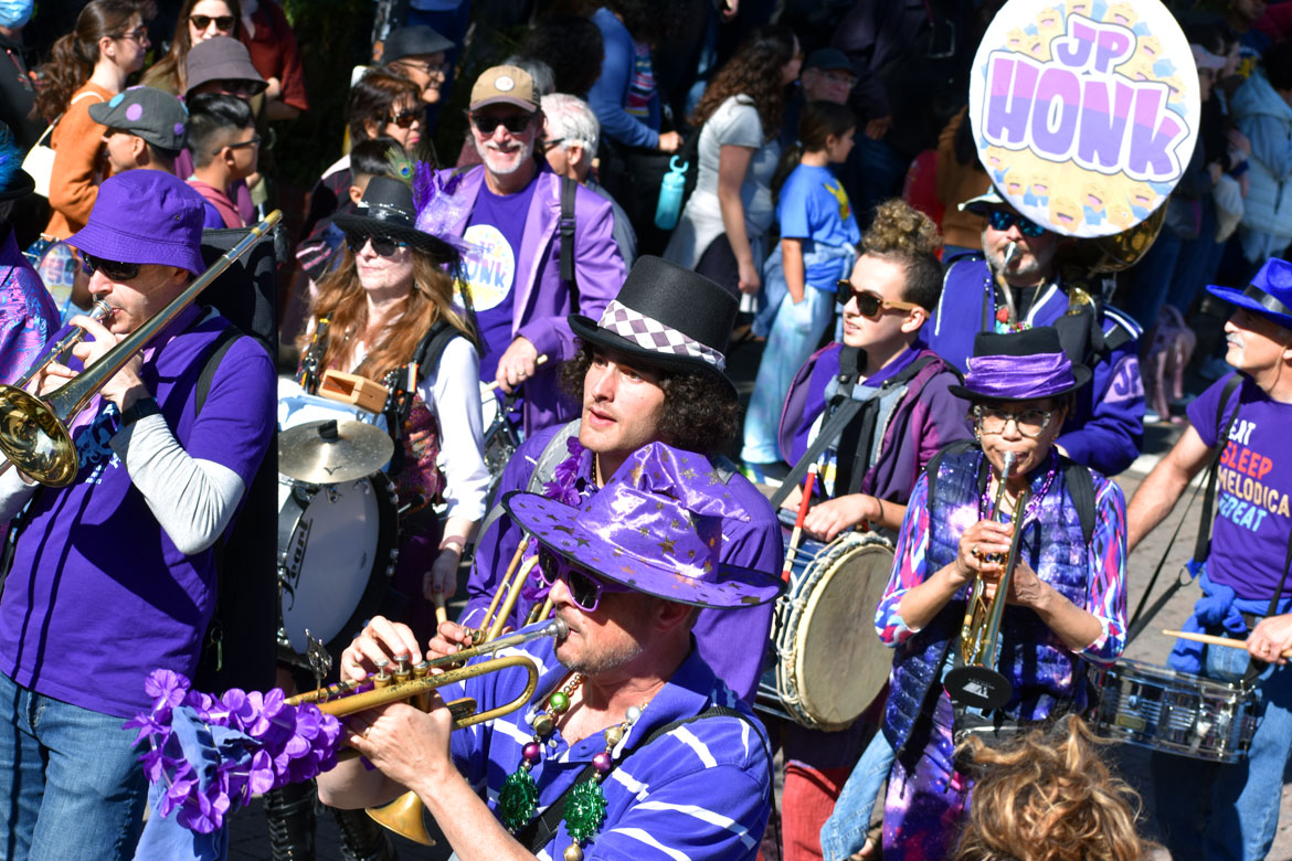 JP Honk Band from Jamaica Plain performs in the Honk Parade, Oct. 8, 2023. (©Greg Cook photo)