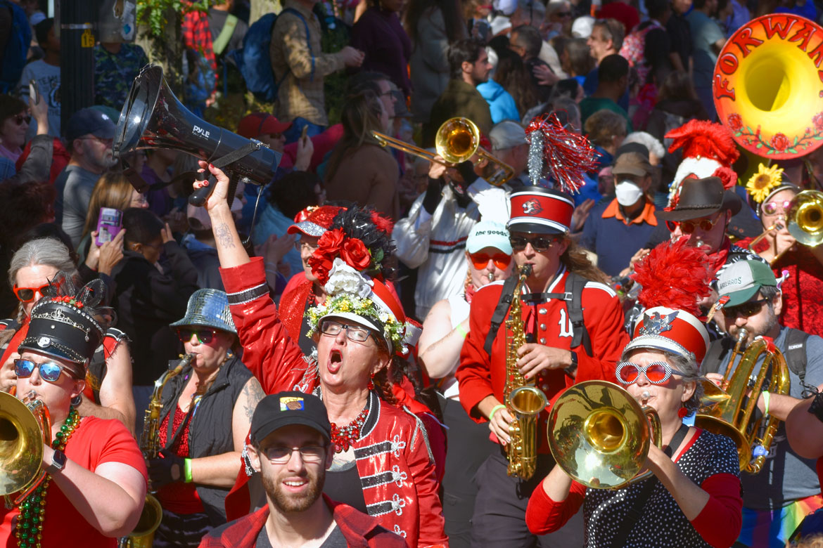 Forward! Marching Band from Madison, Wisconsin, in the Honk Parade, Oct. 8, 2023. (©Greg Cook photo)