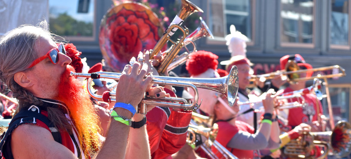Forward! Marching Band from Madison, Wisconsin, in the Honk Parade, Oct. 8, 2023. (©Greg Cook photo)