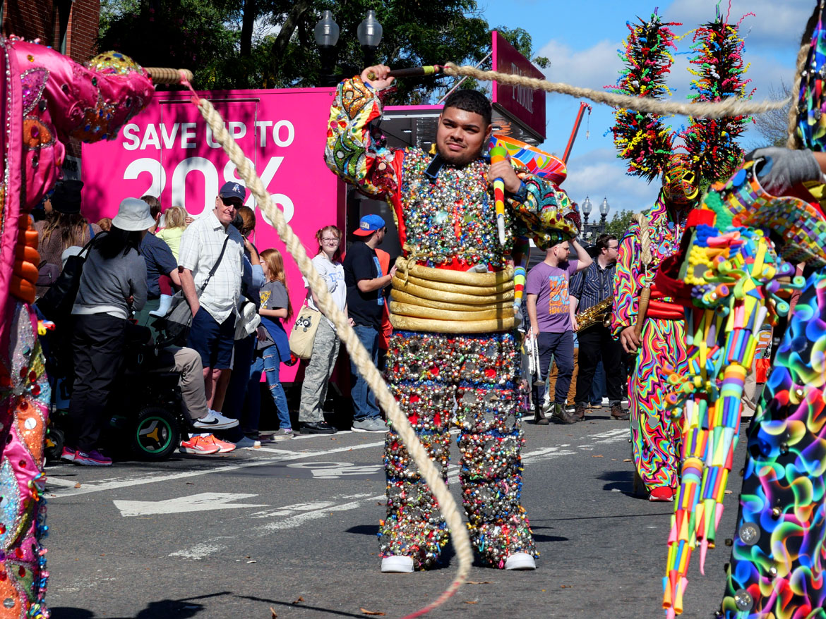 Asociacion Carnavalesca de Massachusetts from Lawrence performs in the Honk Parade, Oct. 8, 2023. (©Greg Cook photo)