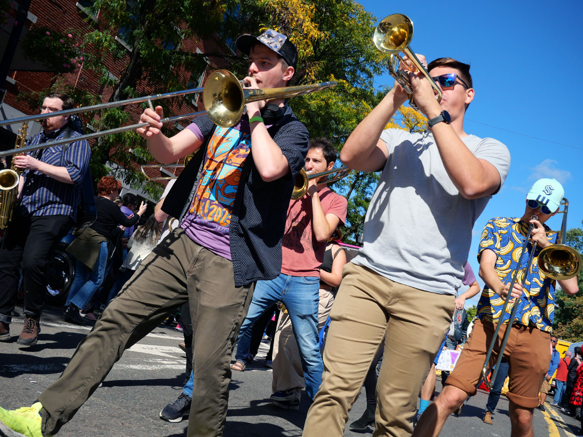 TMB Brass of Seattle performs in the Honk Parade, Oct. 8, 2023. (©Greg Cook photo)