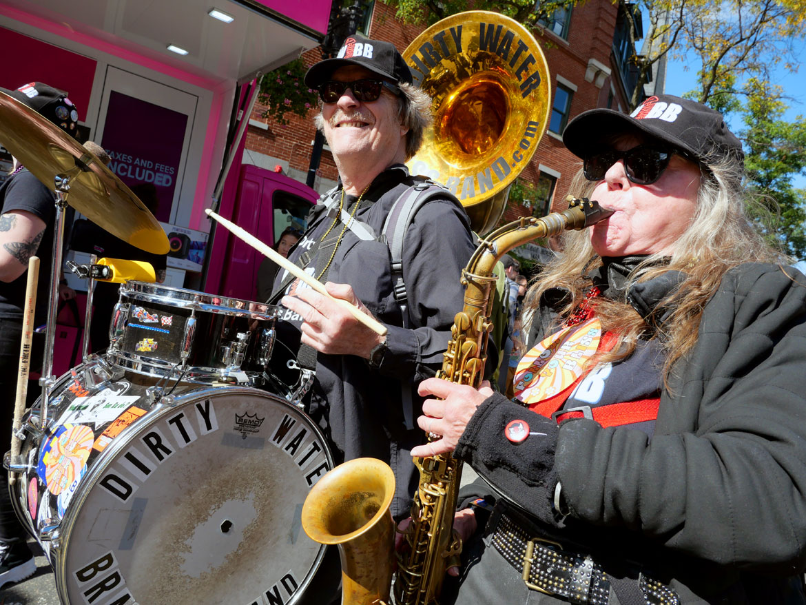 The Dirty Water Bass Band of Boston performs in the Honk Parade, Oct. 8, 2023. (©Greg Cook photo)