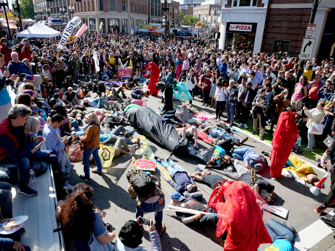 Extinction Rebellion die-in at the end of the Honk Parade, Oct. 8, 2023. (©Greg Cook photo)