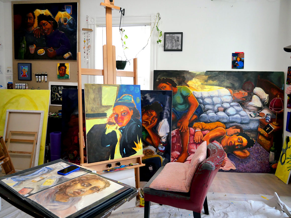 Isabelle Higgins's studio during Roxbury Open Studios, Oct. 7, 2023. (©Greg Cook photo)