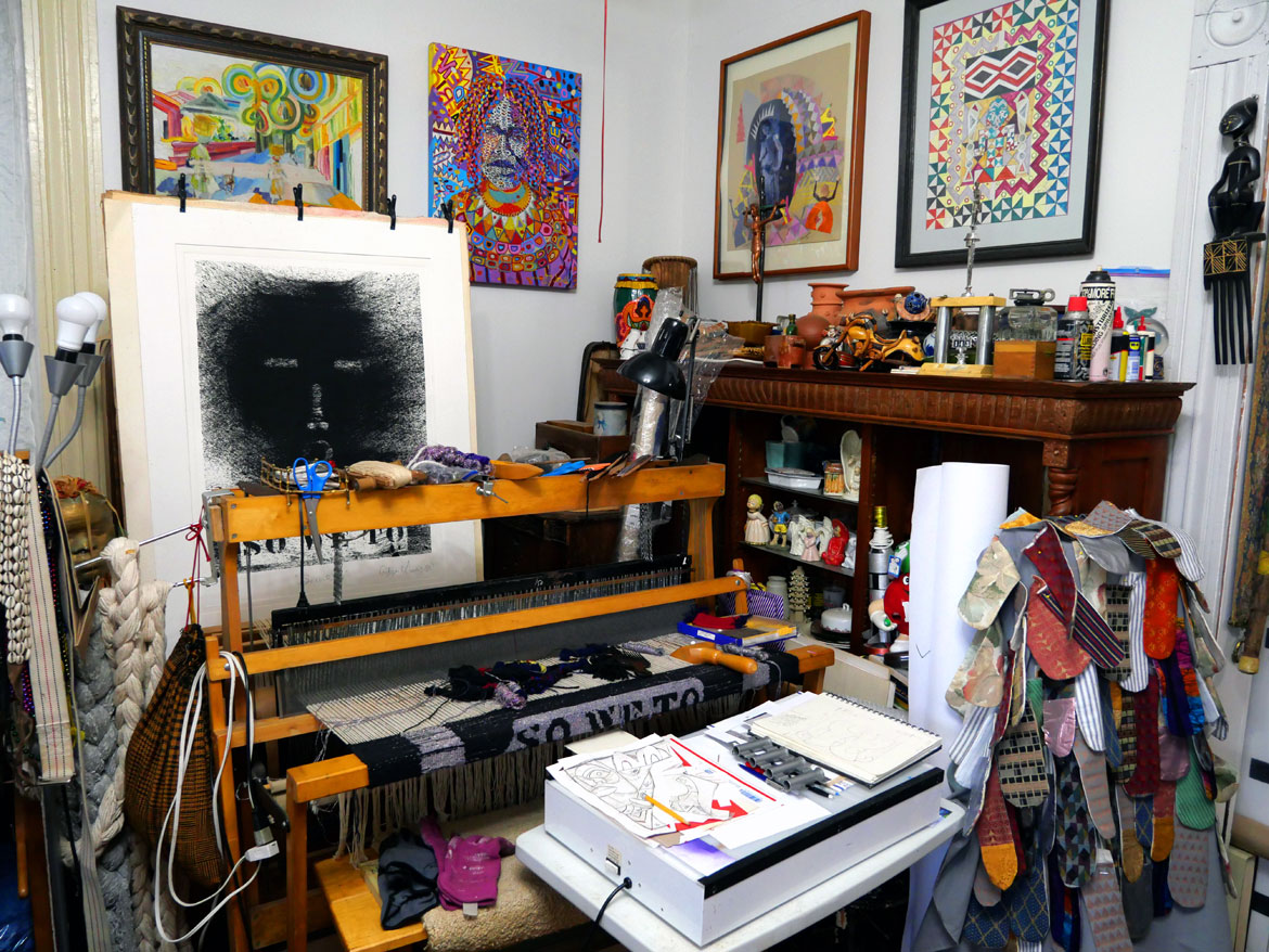 Napoleon Jones-Henderson's home-studio during Roxbury Open Studios, Oct. 7, 2023. (©Greg Cook photo)