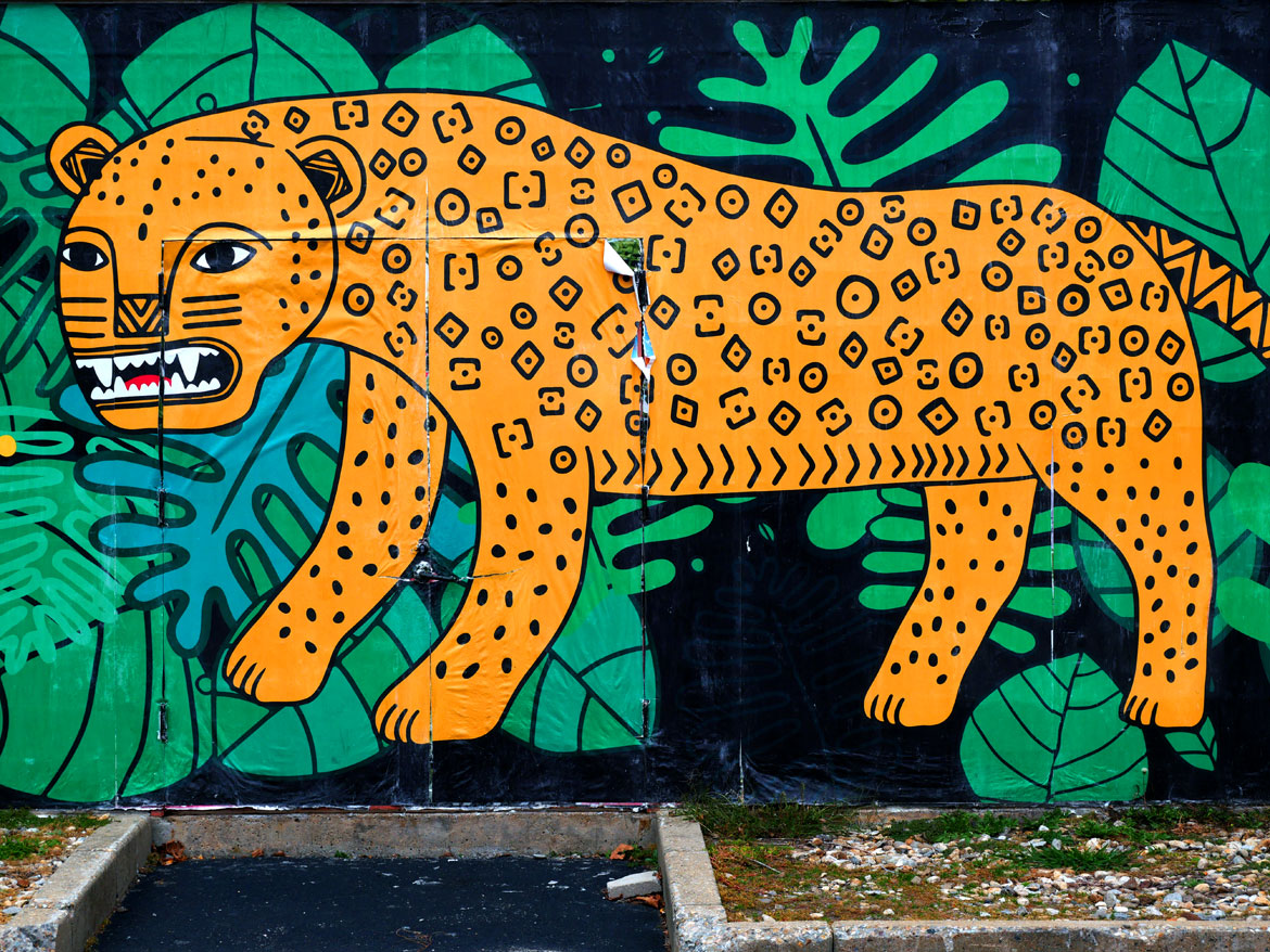 Denilson Baniwa, "Yawareté maku tetama (jaguar in ancestral land)," 2023, wheatpaste on plywood.