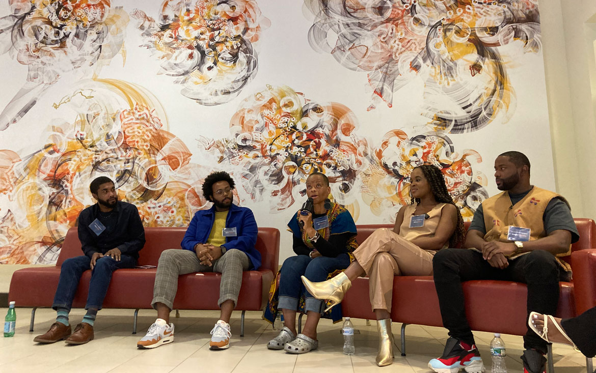 Artists exhibiting in "Multiplicities" at MIT at the opening reception on Sept. 28, 2023. From left: Nygel Jones, Ryan Horton, Ife Franklin, Bianca Rose, and Stanley Rameau. (©Greg Cook photo)
