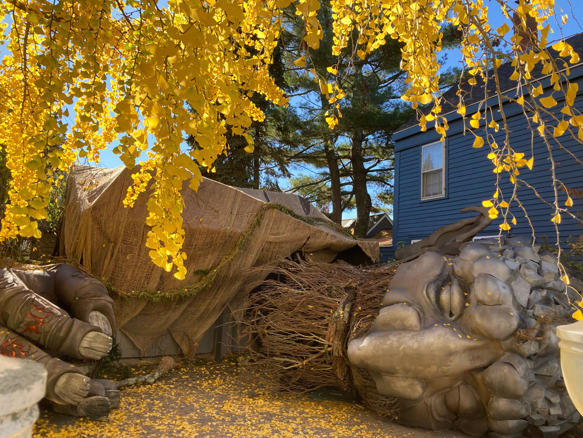 Thomas Saltsman's Halloween forest troll on Pleasant Street, Marblehead, Oct. 31, 2023. (©Greg Cook photo)