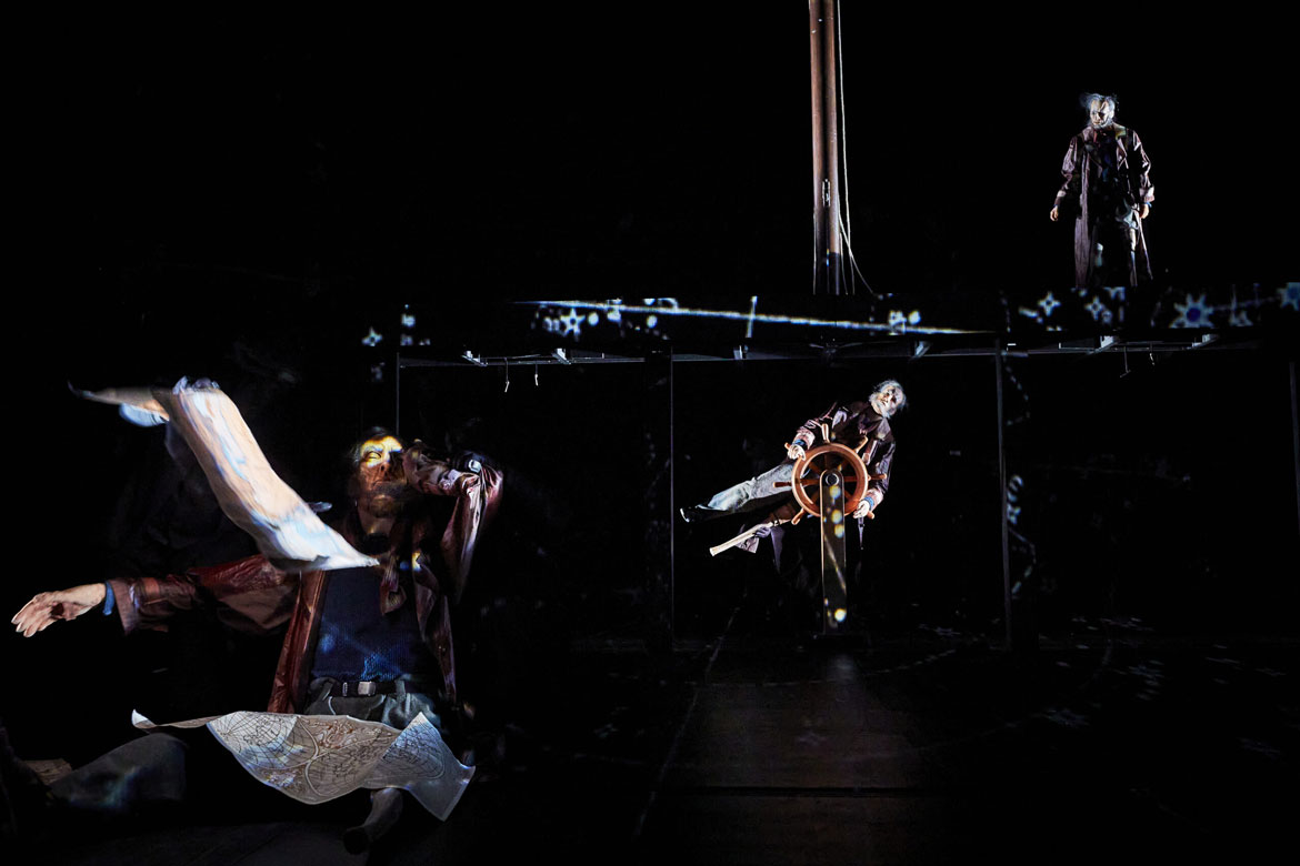 Three Ahab puppets appear together in "Moby Dick" by Plexus Polaire. (Photo: Christophe Raynaud de Lage)
