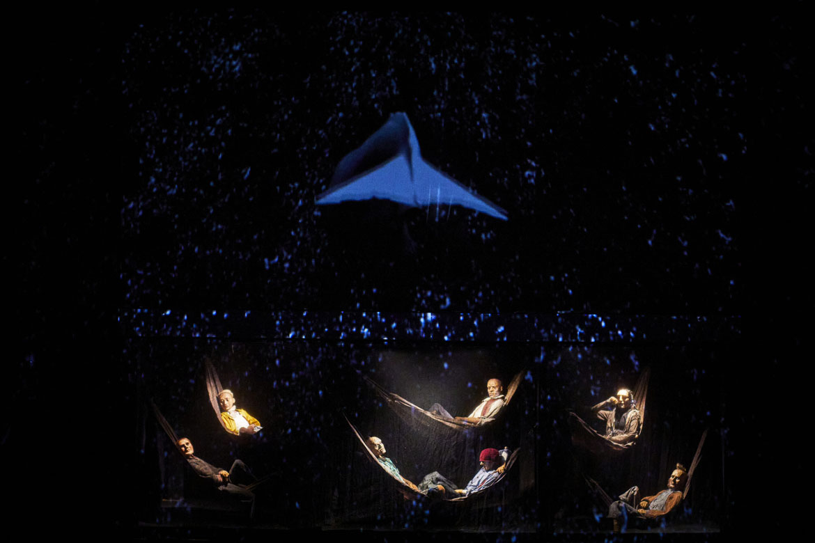 The whale and the crew in hammocks below decks in "Moby Dick" by Plexus Polaire. (Photo: Christophe Raynaud de Lage)