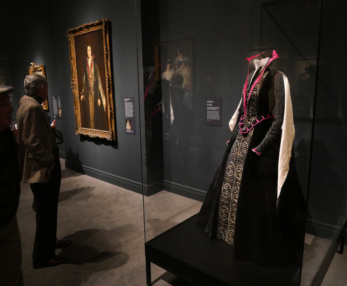 Fancy Dress Costume and John Singer Sargent, "Countess of Rocksavage," 1922, oil on canvas, in "Fashioned by Sargent" at Museum of Fine Arts, Boston, 2023 to 2024. (©Greg Cook photo)