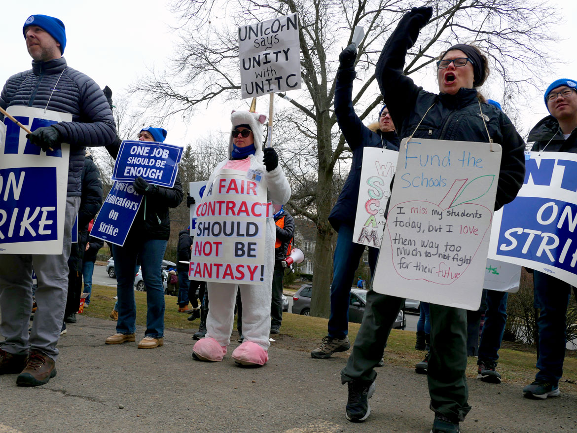 Newton teachers on strike at Newton's Ed Center on Walnut Street, Feb. 1, 2024. (©Greg Cook Photo)