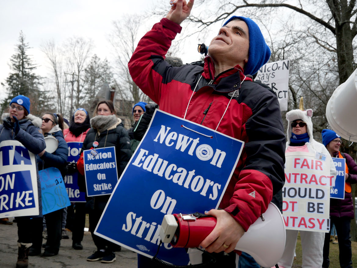 Newton teachers on strike at Newton's Ed Center on Walnut Street, Feb. 1, 2024. (©Greg Cook Photo)
