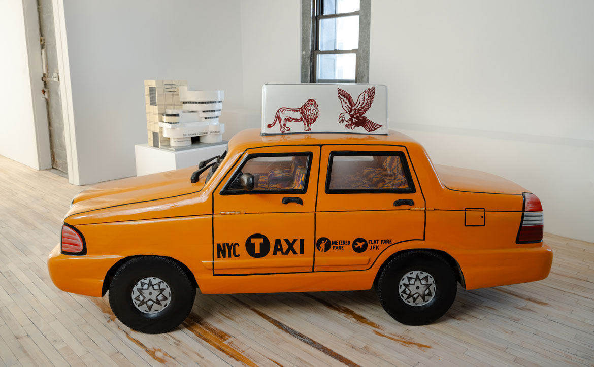 Paa Joe, "Guggenheim" and "Yellow Cab," 2024, emele wood, enamel, cloth, acrylic. (Superhouse)