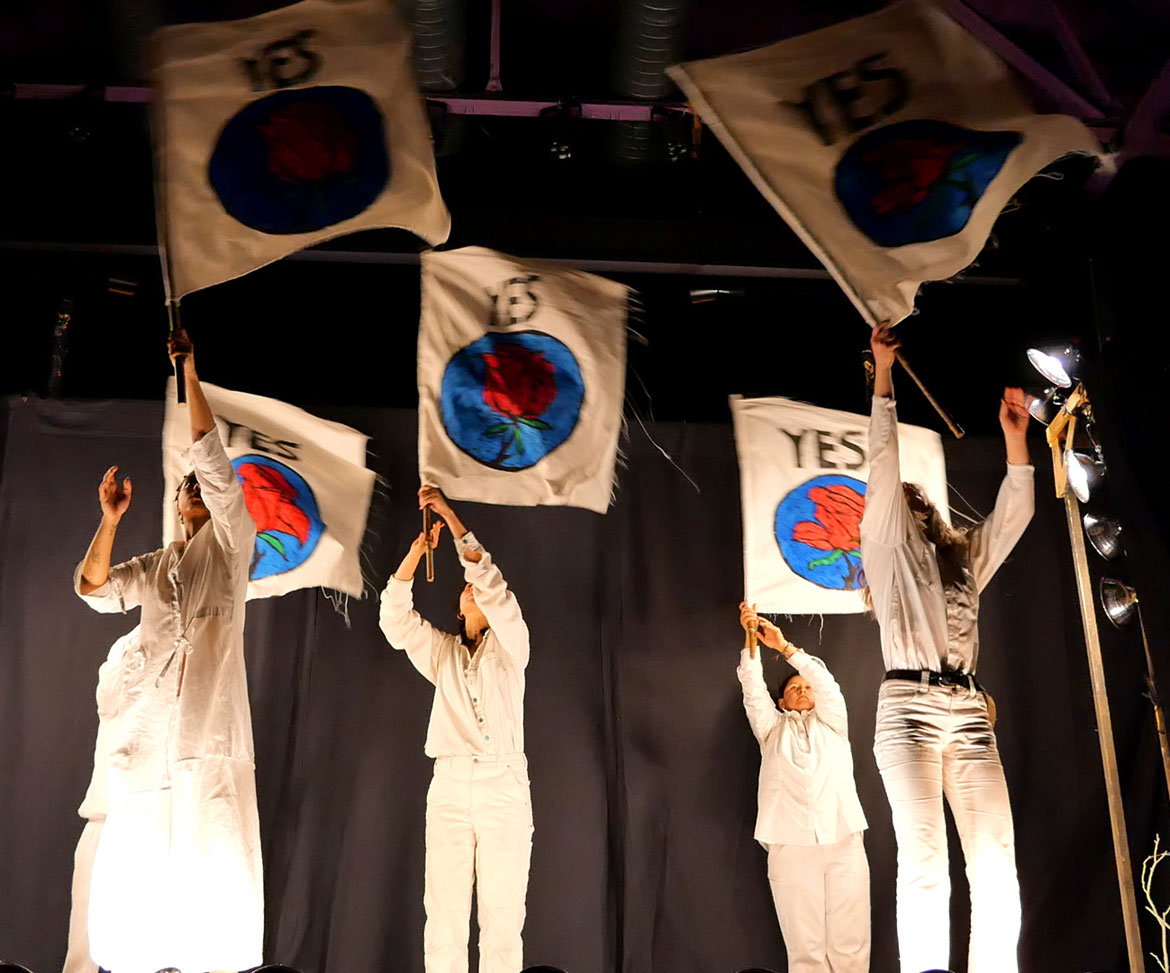 Bread and Puppet Theater's “The Hope Principle Show: Citizens’ Shame and Hope in the Time of Genocide" at Somerville’s Center for the Arts at the Armory, April 18, 2024. (©Greg Cook photo)