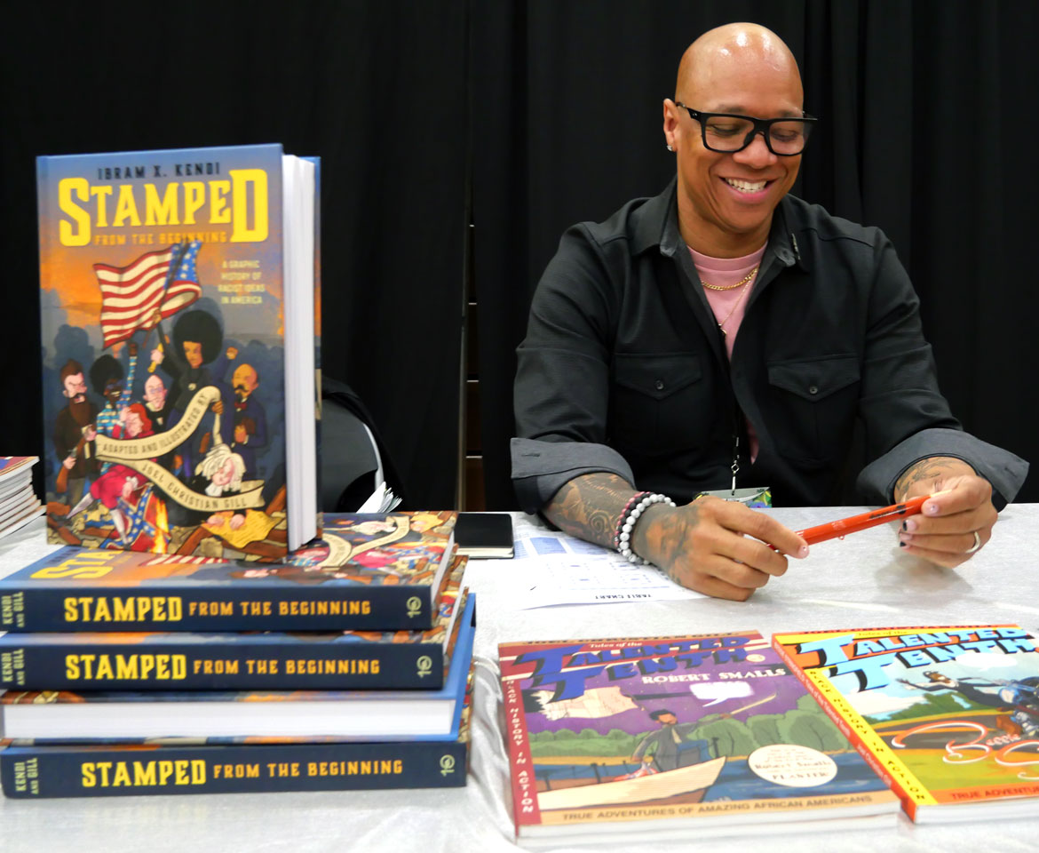 Joel Christian Gill at "Boston Comics in Color Festival" at the Reggie Lewis Track and Athletic Center in Roxbury, April 20, 2024. (©Greg Cook photo)