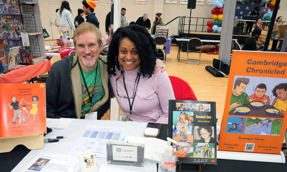 "Cambridge Chronicled" artist Timothy Hall (left) and writer Barbara Thomas at "Boston Comics in Color Festival" at the Reggie Lewis Track and Athletic Center in Roxbury, April 20, 2024. (©Greg Cook photo)