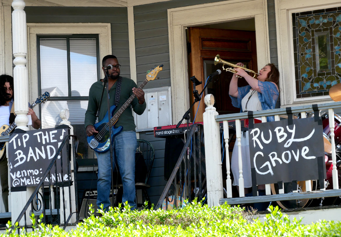 Ruby Grove performed on Highland Avenue during the 2024 Somerville Porchfest, May 11, 2024. (©Greg Cook photo)