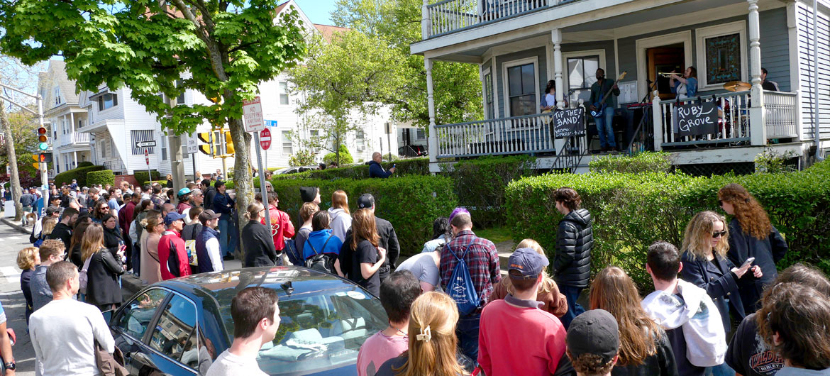 Ruby Grove performed on Highland Avenue during the 2024 Somerville Porchfest, May 11, 2024. (©Greg Cook photo)