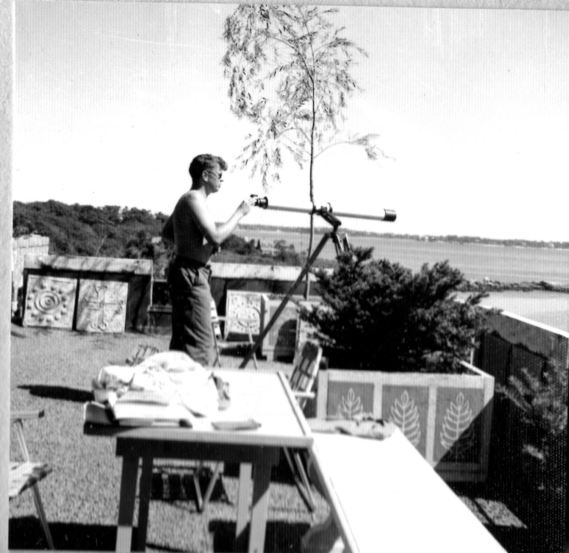 Gerrit Lansing on the roof of the lab at Hammond's Castle, undated. (Hammond Castle Museum)