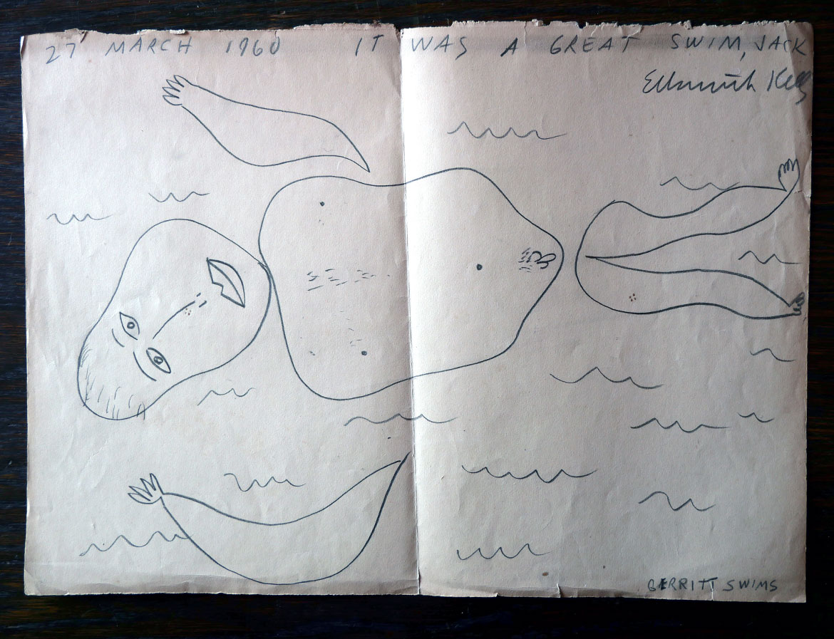 “It was a great swim, Jack.” Ellsworth Kelly drawing of Gerrit Lansing in the pool in the courtyard of Hammond's Castle, March 27, 1960. (©Greg Cook photo)