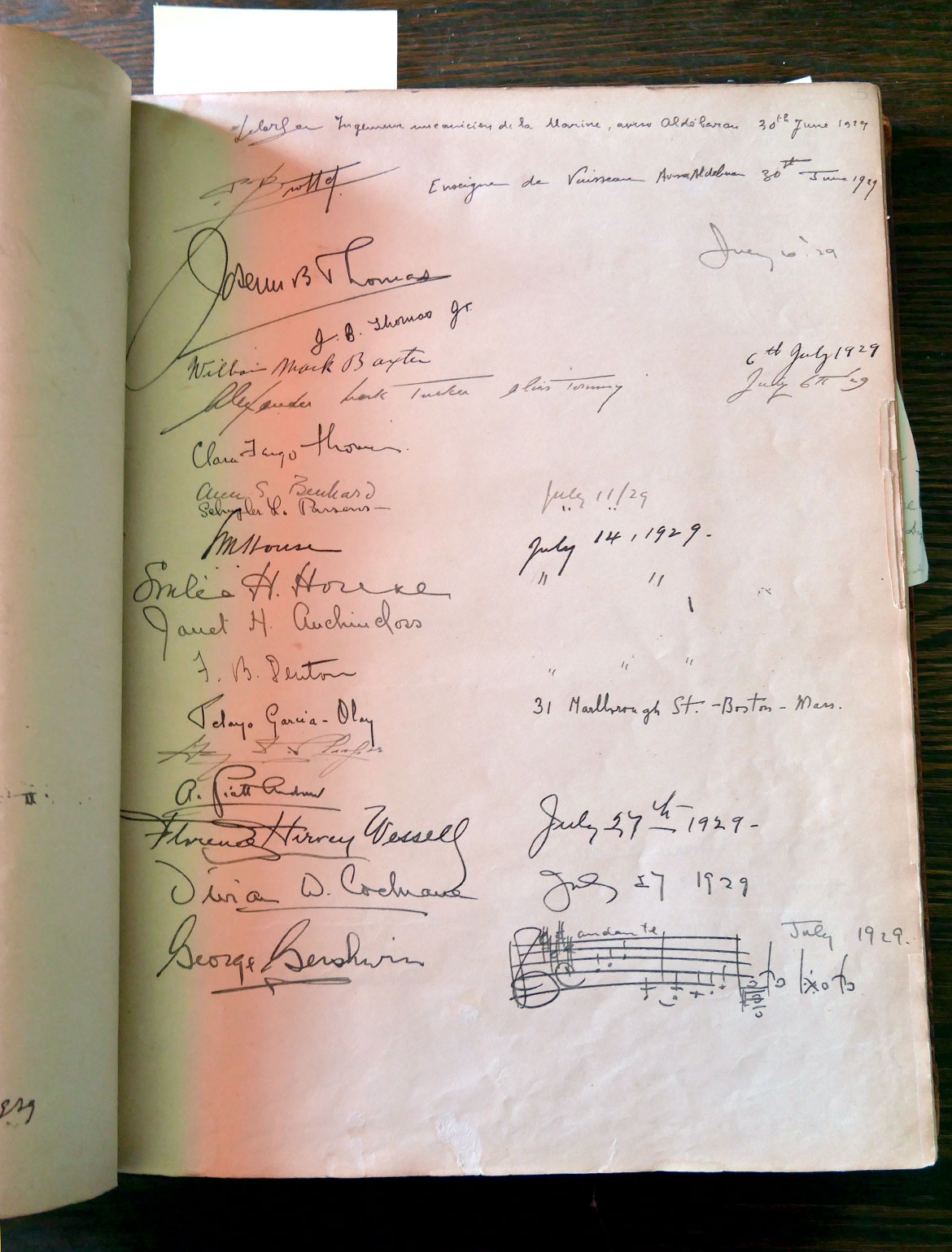 Hammond Castle guest book: Composer George Gershwin signature, July 1929, with music from his “Rhapsody in Blue.” (©Greg Cook photo)