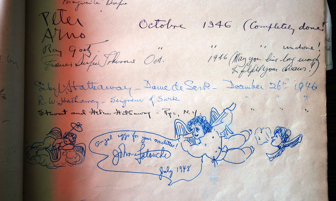 Hammond Castle guest book: Peter Arno's signature, 1946. John Latouche's signature, July 1948 (©Greg Cook photo)