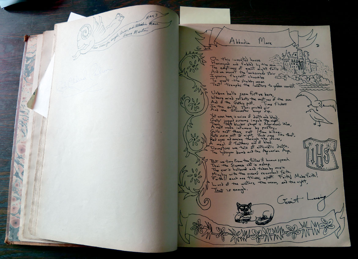 Hammond Castle guest book: Gerrit Lansing's poem “Abbadia Mare" surrounded by illustrations by Martin, 1959. (©Greg Cook photo)