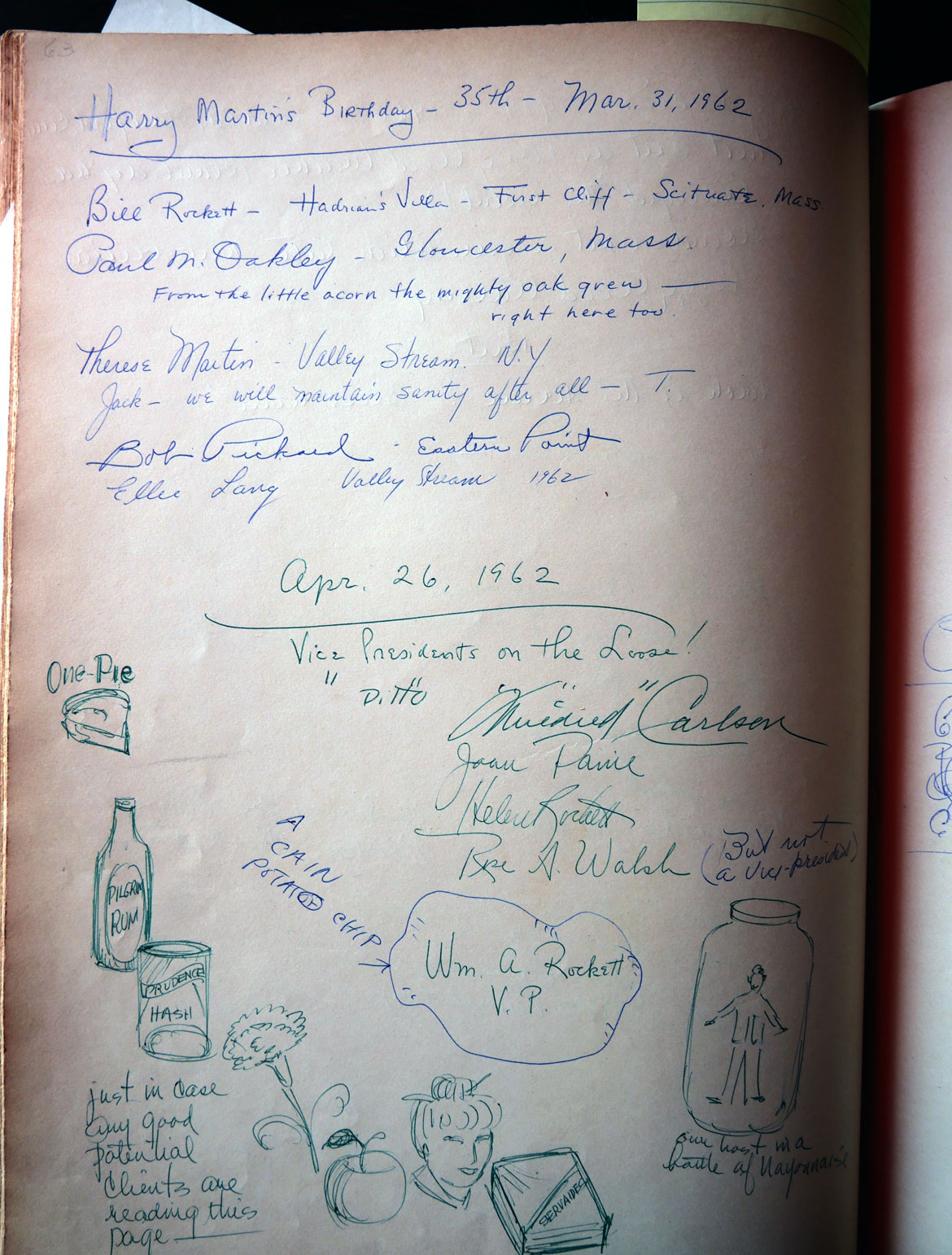 Hammond Castle guest book: Signatures of guests at Harry Martin's 35th birthday March 31, 1962. (©Greg Cook photo)