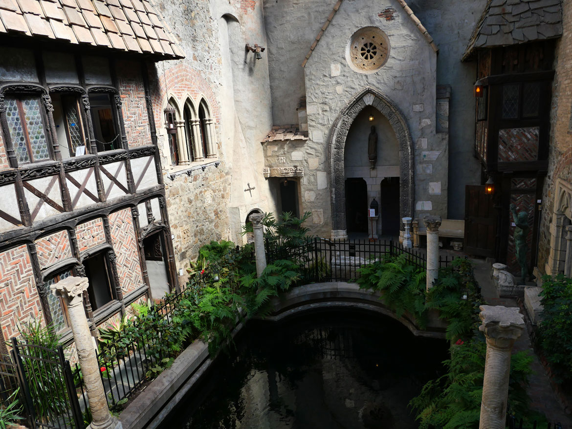 Interior courtyard with pool at Hammond Castle Museum, Gloucester, 2024. (©Greg Cook photo)