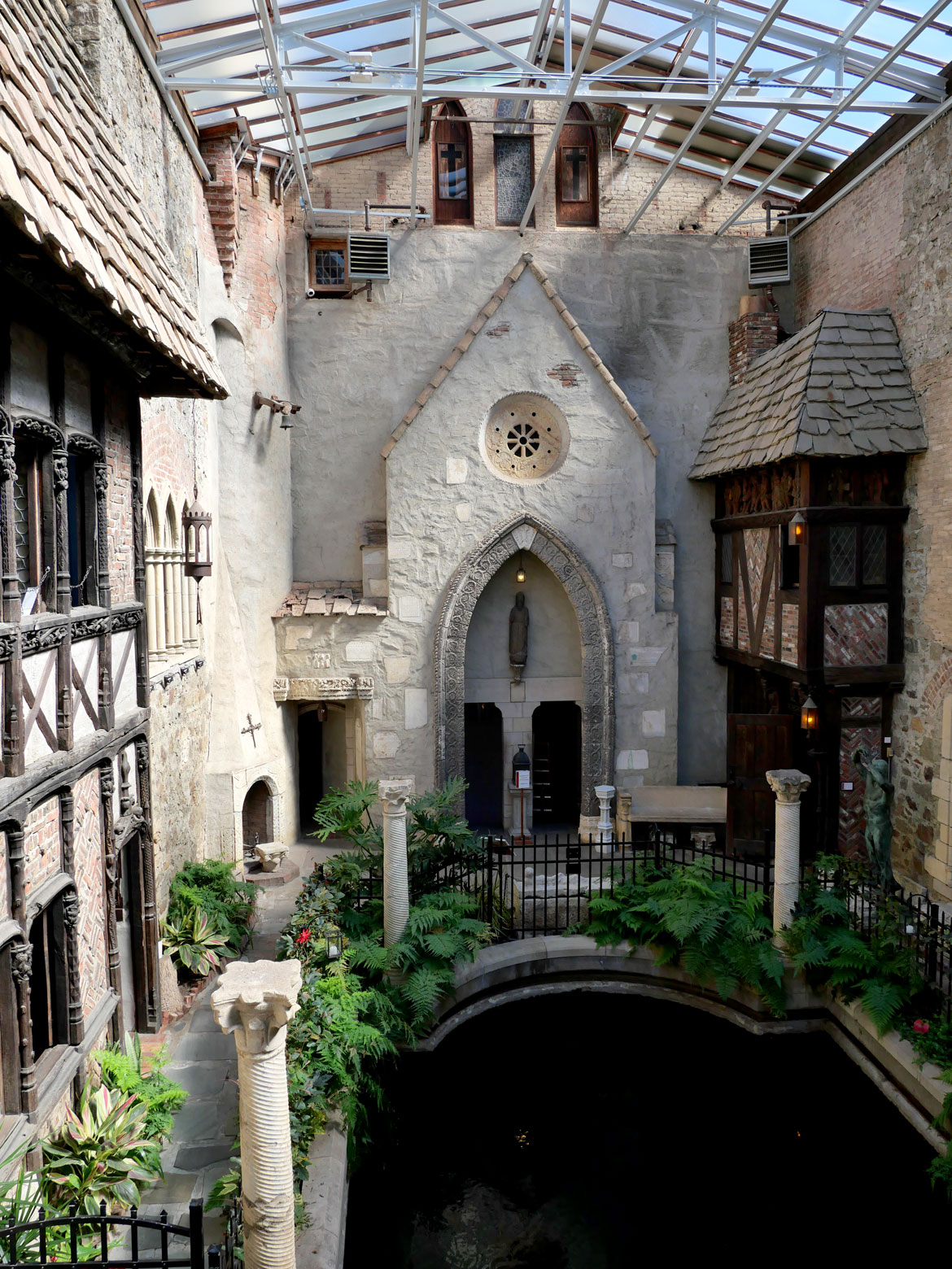 Interior courtyard with pool at Hammond Castle Museum, Gloucester, 2024. (©Greg Cook photo)
