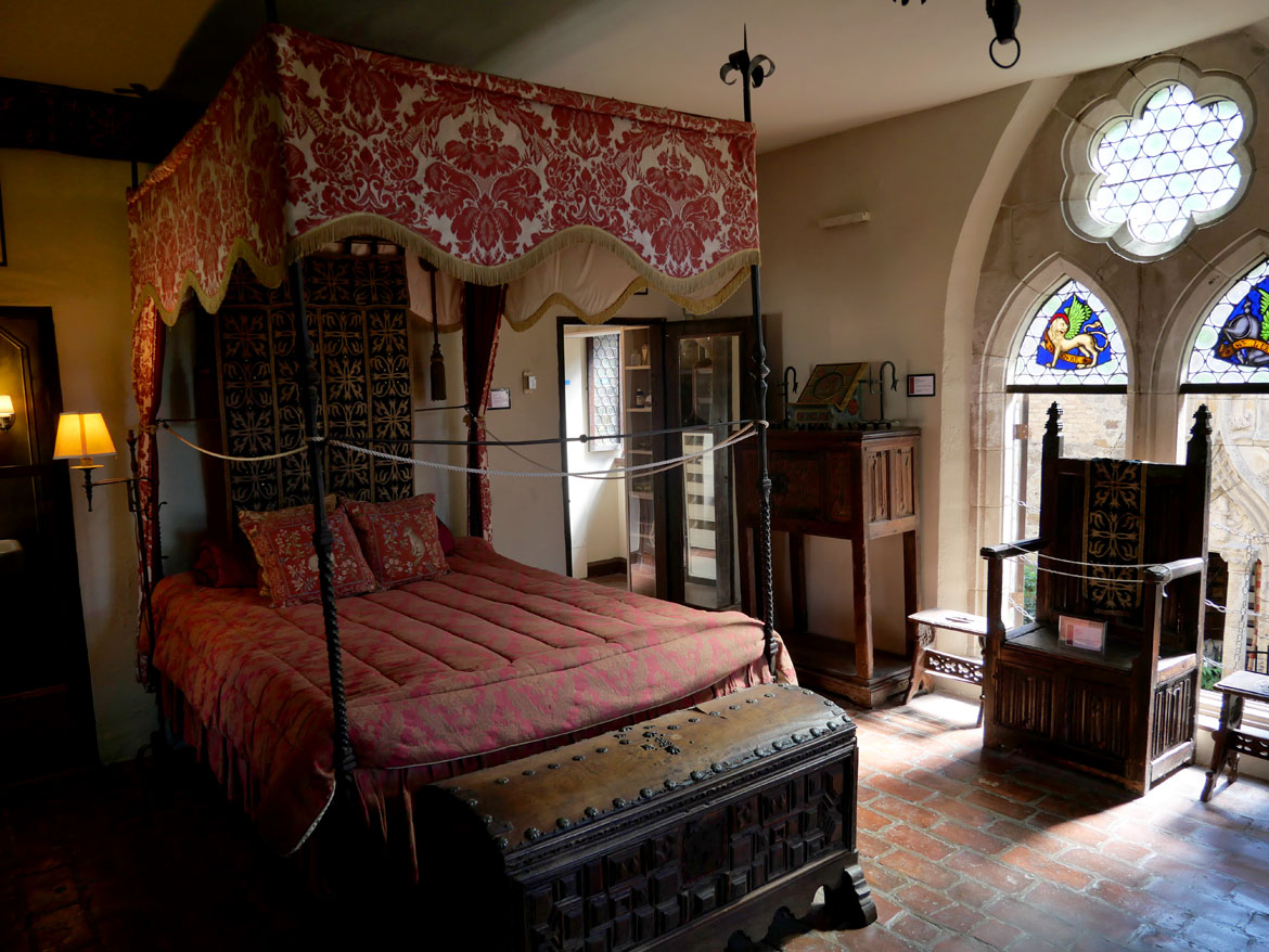 Gothic Bedroom on the second floor above the courtyard and pool where Harry Martin first resided at Hammond's Castle, 2024. (©Greg Cook photo)