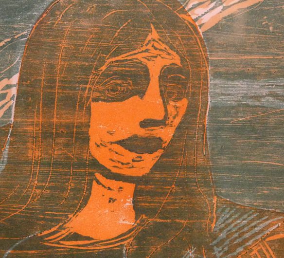 Edvard Munch, "Woman's Head against the Shore," 1899. Woodcut printed in turquoise-green and pale and dark orange inks on off-white wove paper