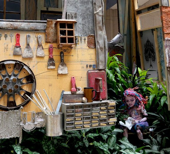 Caledonia Curry a.k.a. Swoon, "In the Well: The Stories We Tell About Addiction," 2025, at Boston Central Library. For the Boston Public Art Triennial. (©Greg Cook photo)