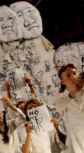 Bread and Puppet Theater performs "Oh You Beast Descendants," Glover, Vermont, July 18, 2025. (©Greg Cook photo)