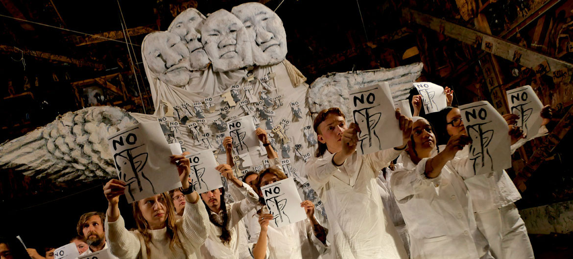 Bread and Puppet Theater performs "Oh You Beast Descendants," Glover, Vermont, July 18, 2025. (©Greg Cook photo)
