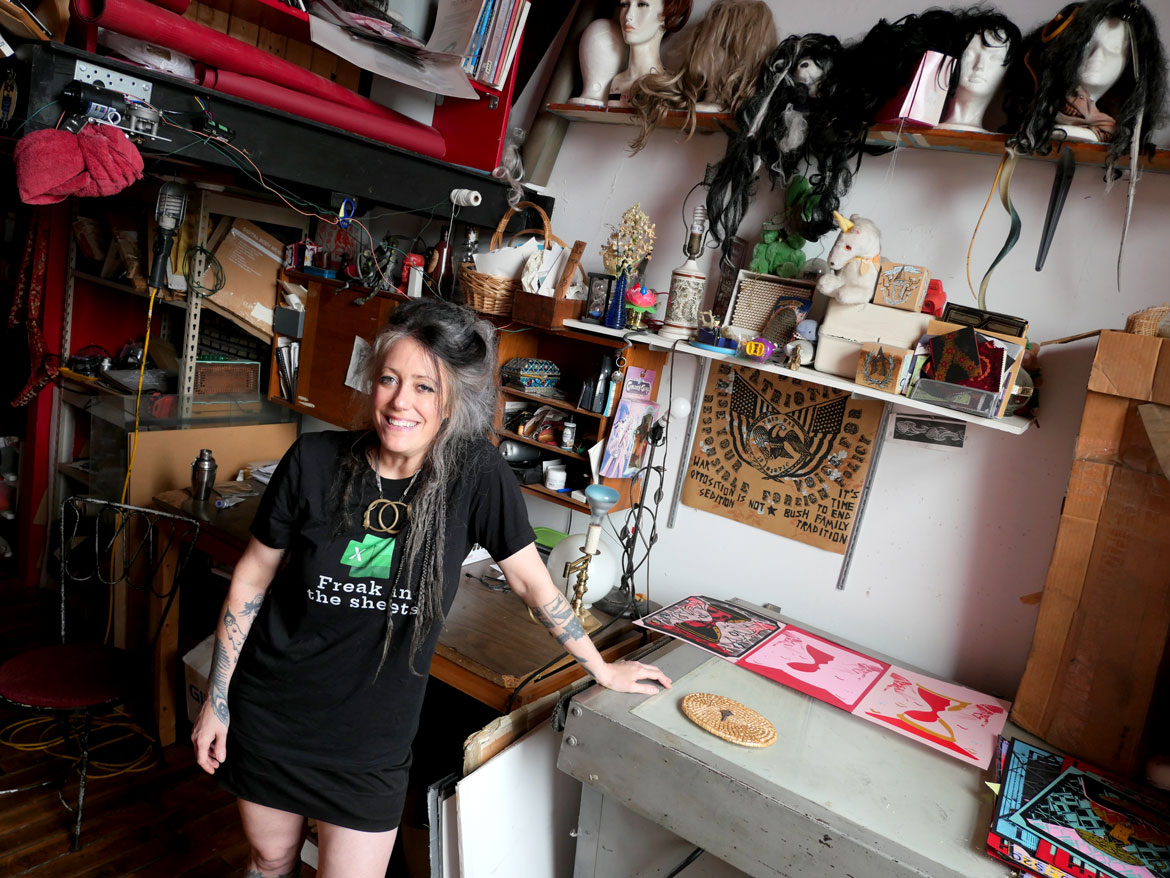 Pippi Zornoza in her live-work space at the Dirt Palace, Providence, August 2025. (©Greg Cook photo)