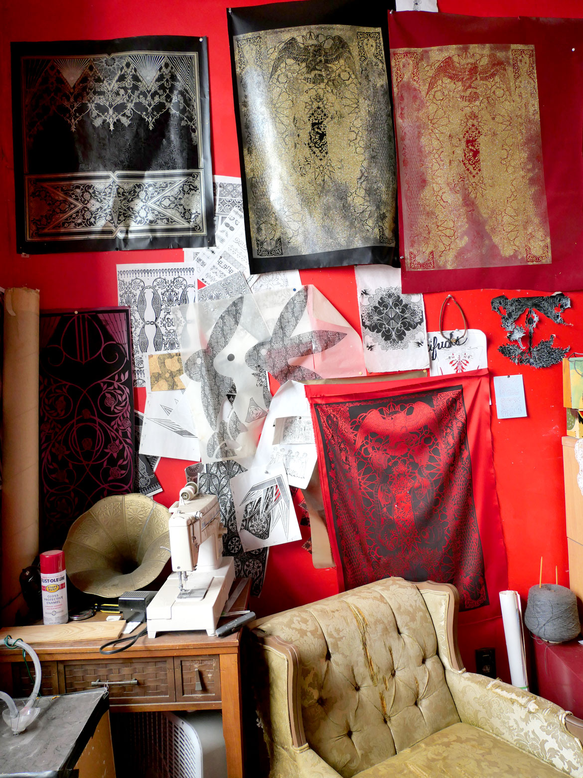 Pippi Zornoza's live-work space at the Dirt Palace, Providence, August 2025. (©Greg Cook photo)
