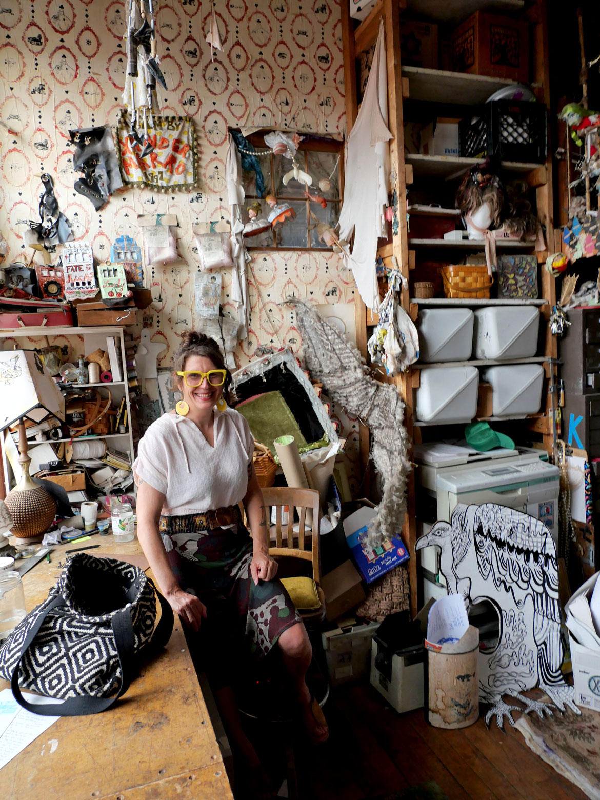 Xander Marro in her live-work space at the Dirt Palace, Providence, August 2025. (©Greg Cook photo)