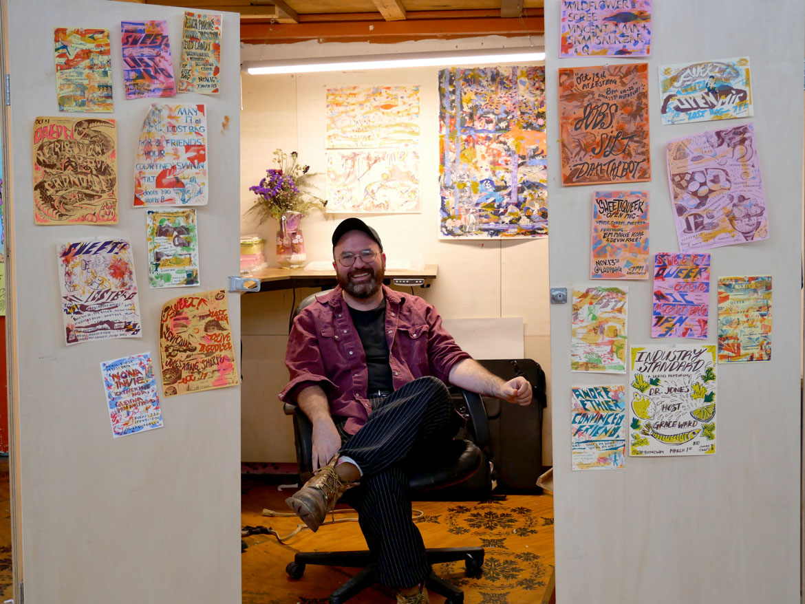 John-Francis Quiñonez in their studio at the Dirt Palace, Providence, August 2025. (©Greg Cook photo)