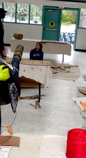 Puppet workshop for "The Giant Puppet And People Making Mayhem Parade" at the Coogan Pavilion at the Edgewood Skatepark, New Haven, Connecticut, Oct. 11, 2025. (©Greg Cook photo)