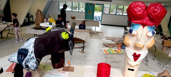 Puppet workshop for "The Giant Puppet And People Making Mayhem Parade" at the Coogan Pavilion at the Edgewood Skatepark, New Haven, Connecticut, Oct. 11, 2025. (©Greg Cook photo)