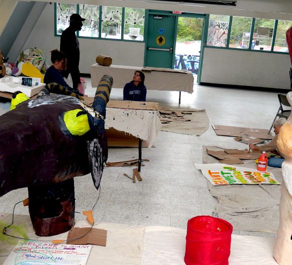 Puppet workshop for "The Giant Puppet And People Making Mayhem Parade" at the Coogan Pavilion at the Edgewood Skatepark, New Haven, Connecticut, Oct. 11, 2025. (©Greg Cook photo)