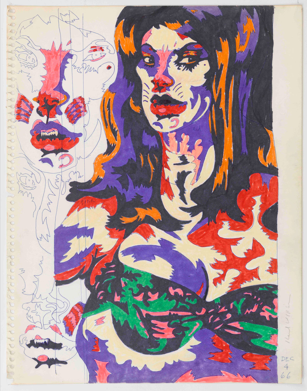 Karl Wirsum, "Untitled (Study for Cat's Me Ow)," 1966, ballpoint pen and marker on paper. (Derek Eller Gallery)