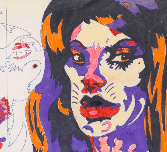 Karl Wirsum, "Untitled (Study for Cat's Me Ow)," 1966, ballpoint pen and marker on paper. (Derek Eller Gallery)
