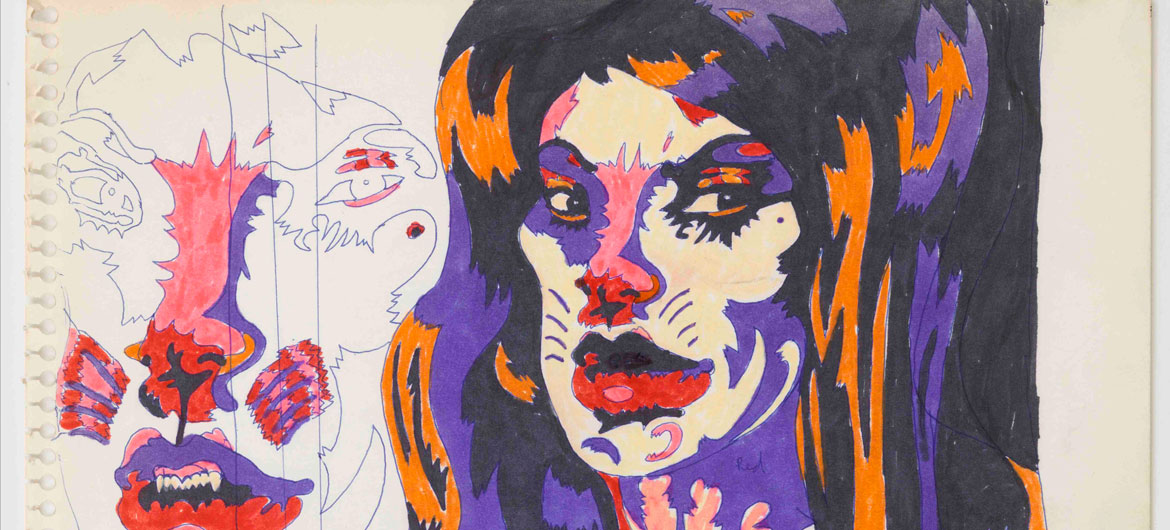 Karl Wirsum, "Untitled (Study for Cat's Me Ow)," 1966, ballpoint pen and marker on paper. (Derek Eller Gallery)