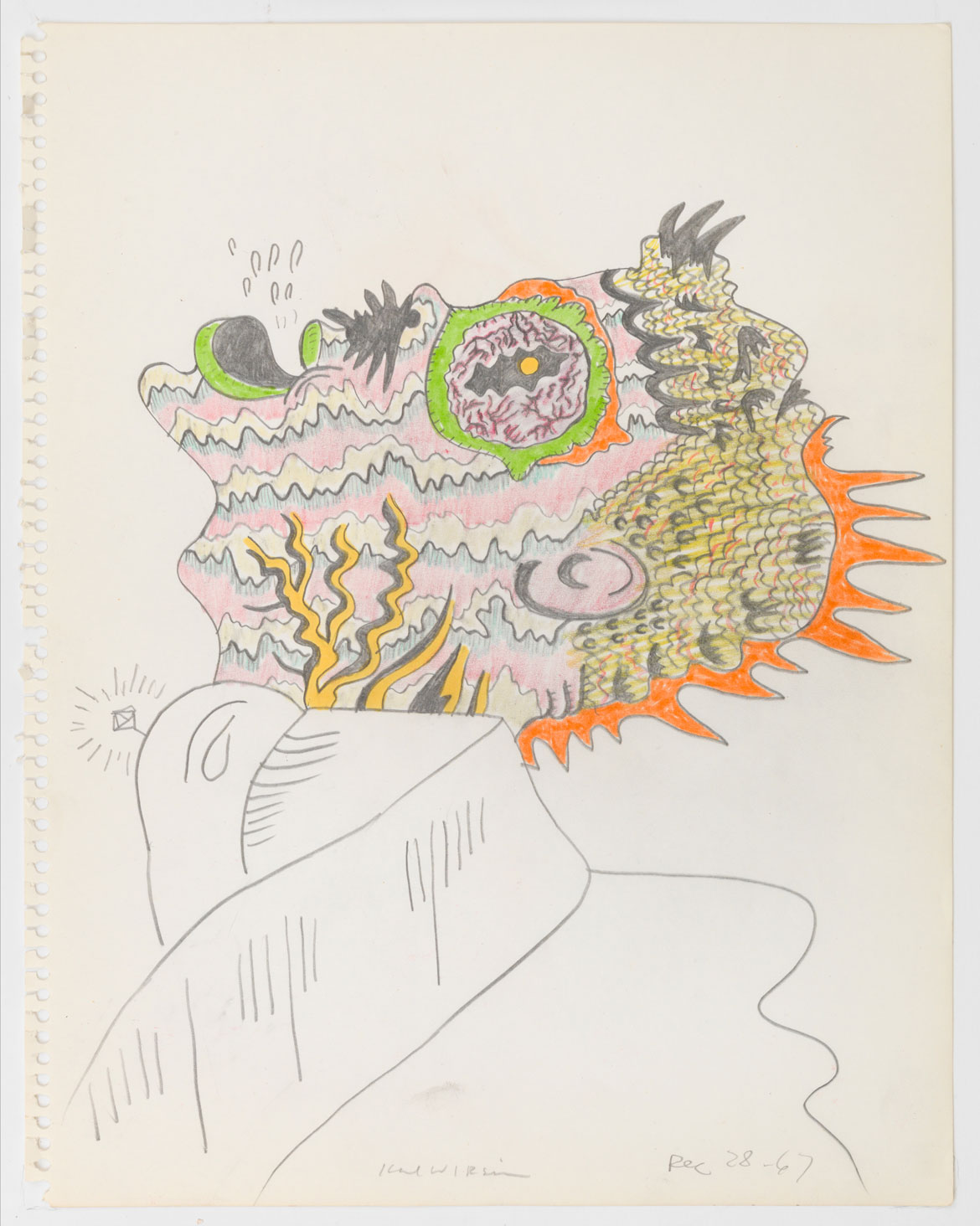 Karl Wirsum, "Untitled (Study for Gargoyle Gargle Oil)," 1967,.graphite and color pencil on paper. (Derek Eller Gallery)