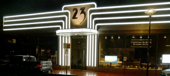 Newly restored facade of the 1936 First Church of Christ, Scientist, Reading Room at 23 Church St., Cambridge. Nov. 30, 2025. (©Greg Cook photo)