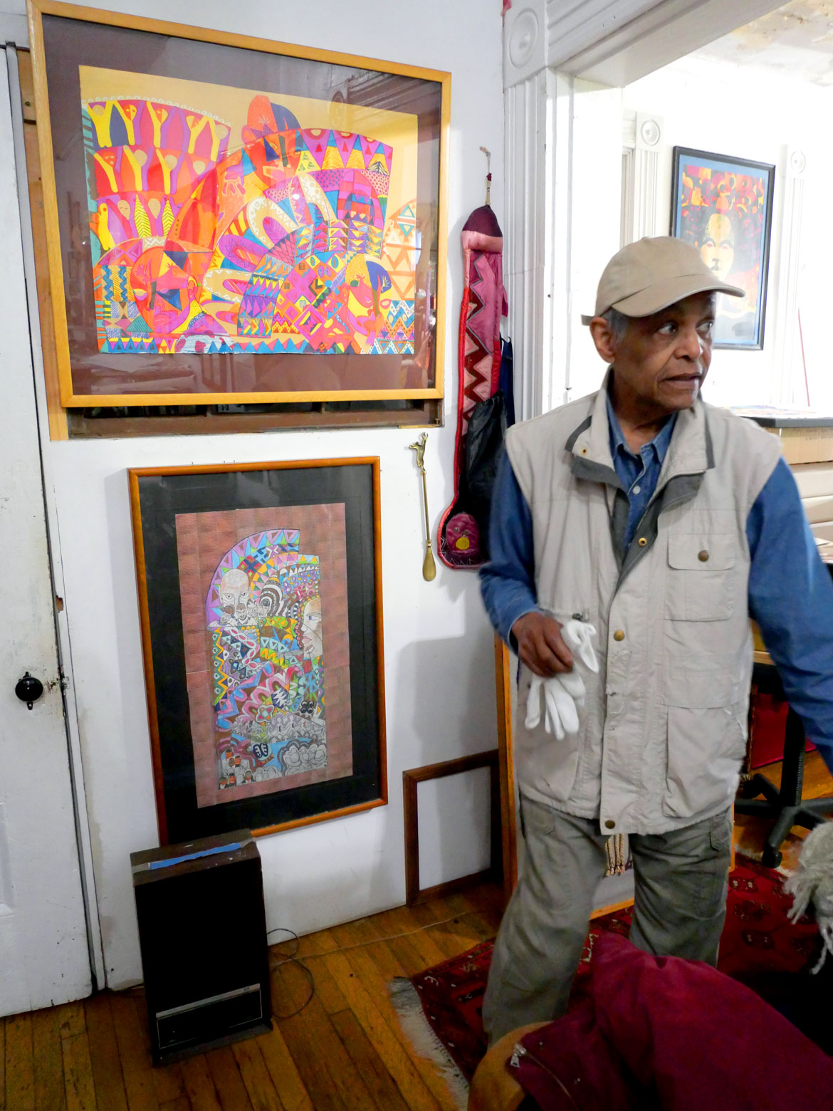 Napoleon Jones-Henderson at his Boston home during Roxbury Open Studios, Oct. 4, 2025. (©Greg Cook photo)
